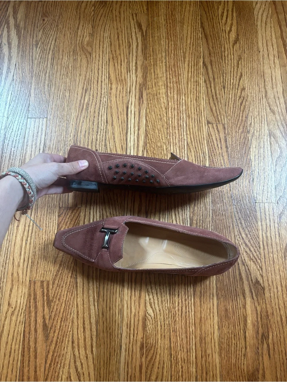 Tod’s Salmon Suede Pointed Toe Loafers with Metal Bit